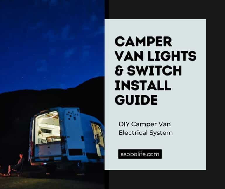 A camper van parked at night with an open back door and the interior lights beaming outwards