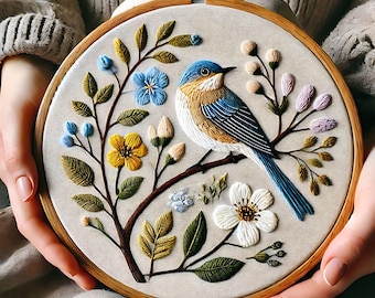 Elegant Hand Embroidery Hoop Featuring a Delicate Bird Among Blossoms on Beige Fabric, Birds Embroidery kit, Embroidery DIY Gift