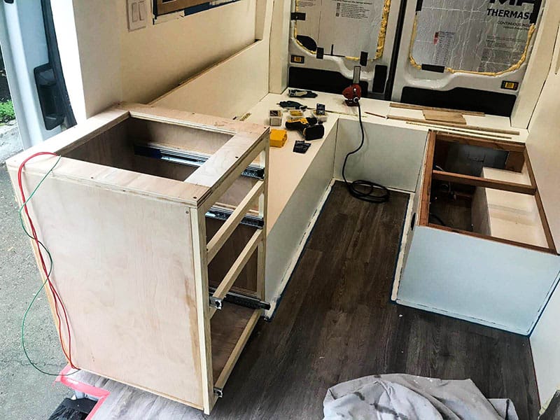 Installing a second, smaller kitchen counter inside a Ford Transit camper van