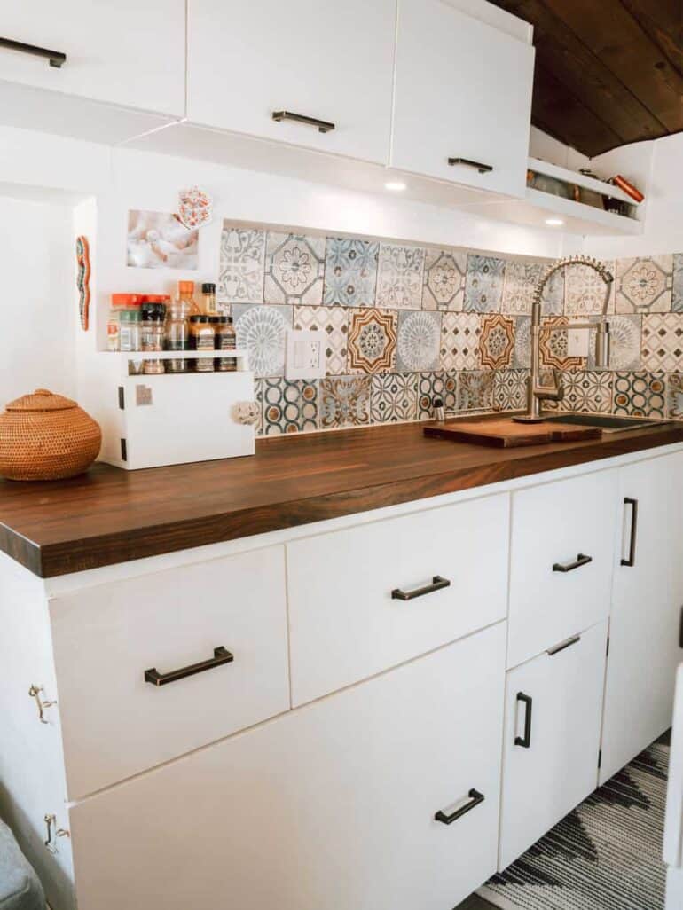 Campervan kitchen cabinet and butcherblock countertop