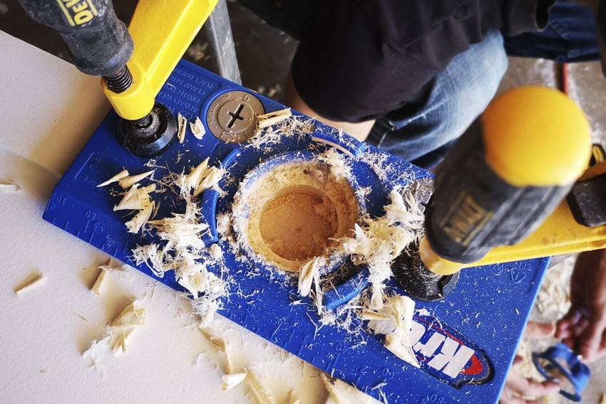 Using the Kreg Concealed Hinge Jig to drill concealed hinge holes in plywood