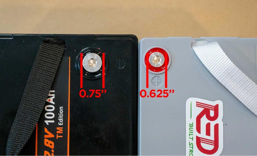 Comparing terminal post contact plate diameter between Redodo and LiTime lithium batteries