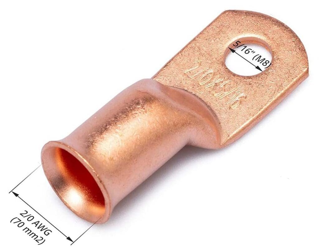 A copper lug terminal with a 2/0 AWG neck size and a ring diameter of 5/16".