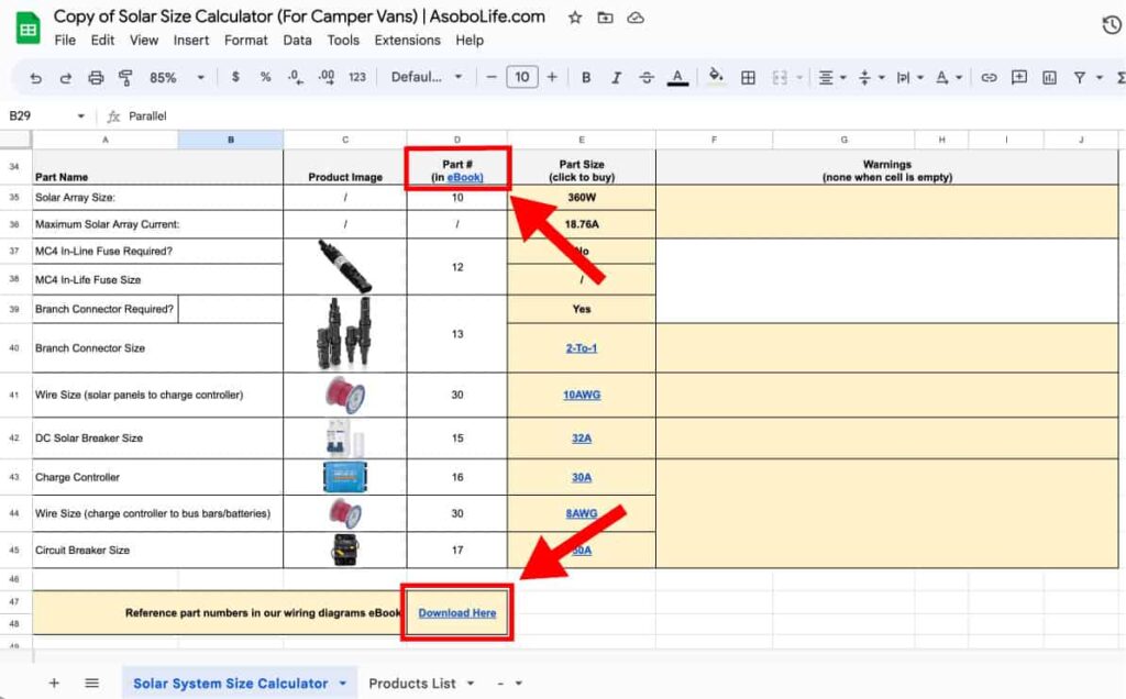 Spreadsheet calculator screenshot indicating where to download solar wiring ebook