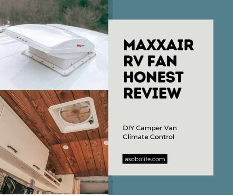 Maxxair Maxxfan Deluxe ventilation fan on a white camper van roof