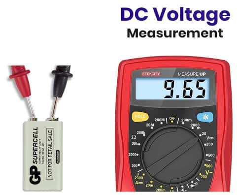 Digital multimeter displaying voltage of 9V battery