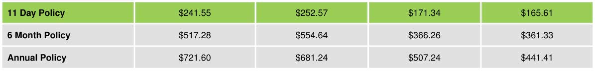Mexico auto insurance policy rates for 11 days, 6 months, and 1 year
