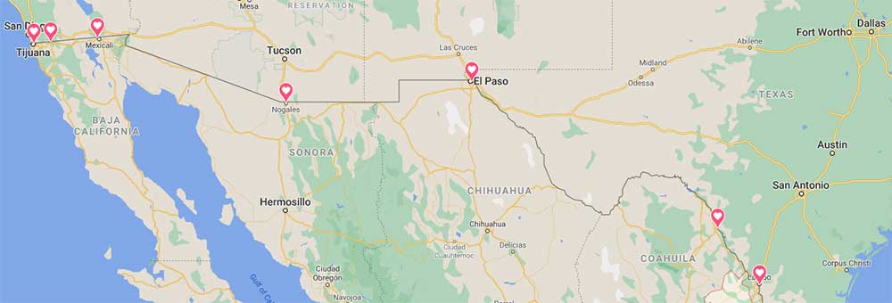 Google Maps showing US-Mexico border and the main ports of entry into Mexico