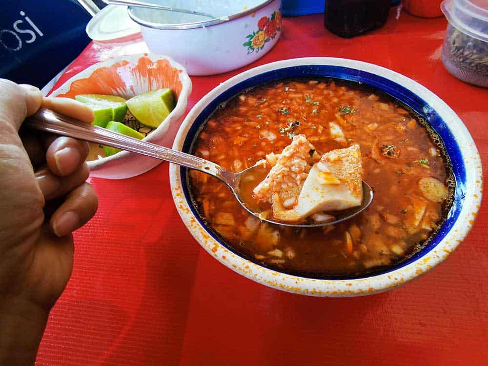 Pozole soup served in Patzcuaro, Michoacan state, Mexico