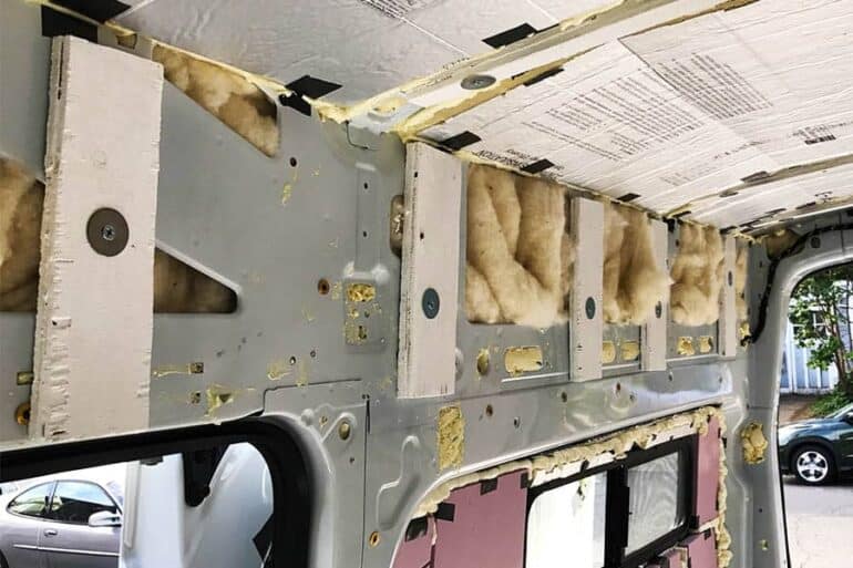 Furring strips mounted in a camper van