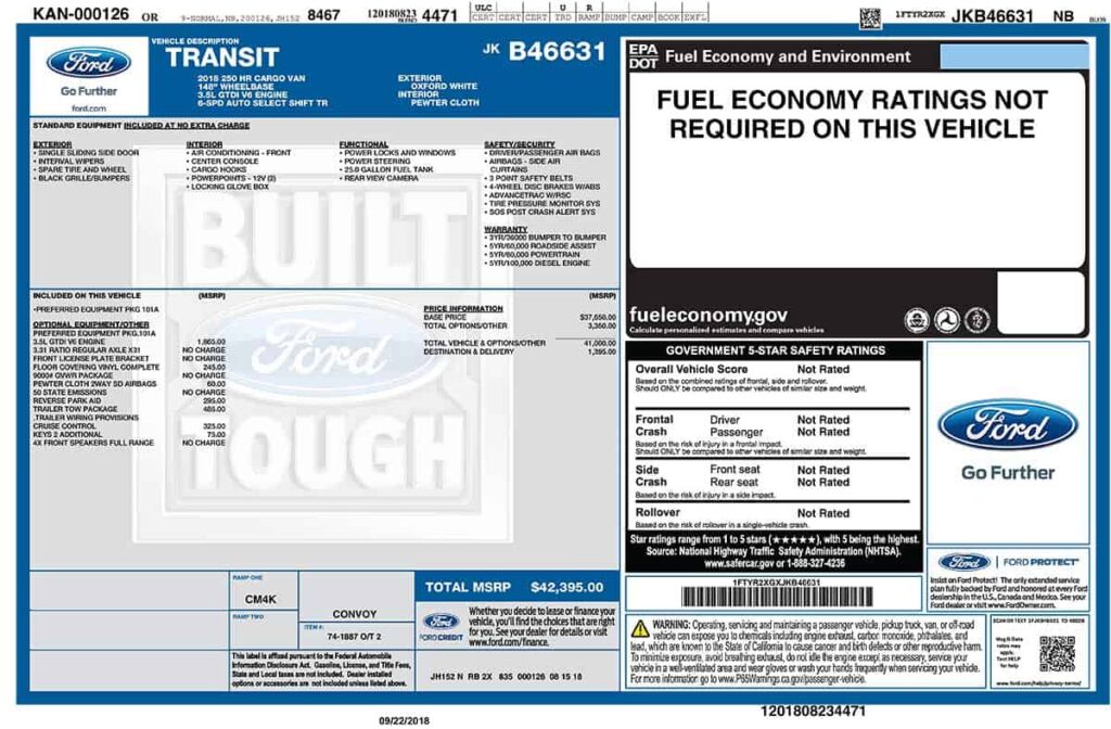2018 Ford Transit window sticker