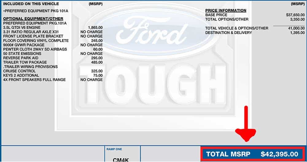 Ford Transit window sticker indicating the total MSRP of the vehicle