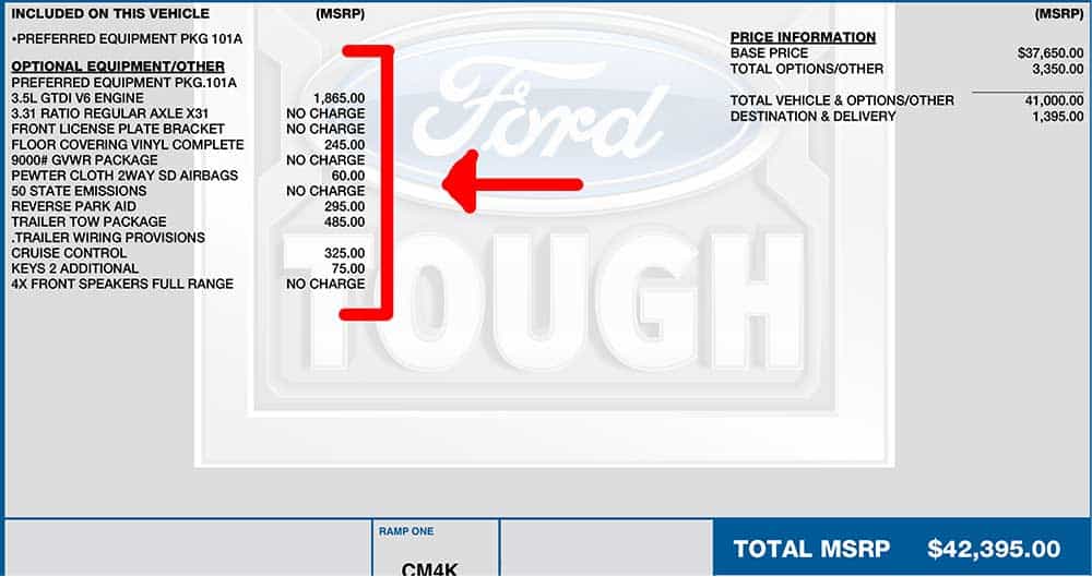 Ford Transit window sticker indicating the vehicle's options and add-ons