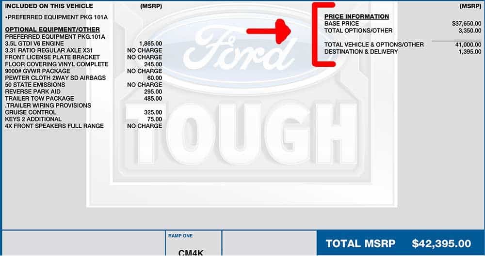 Window sticker indicating location of vehicle price breakdown