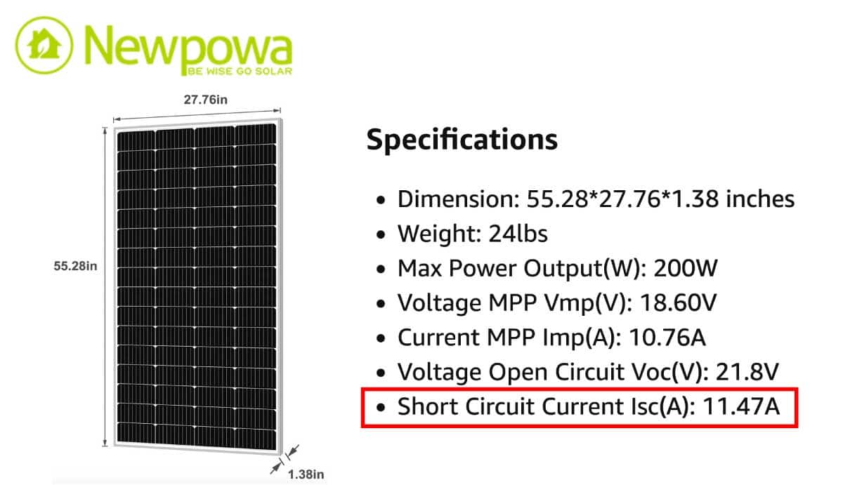 Specification data for a Newpowa 200 watt solar panel, with specific indication of the panel's short circuit current, which is important for the solar wire size.