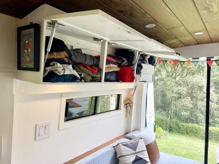 Overhead cabinets in a camper van