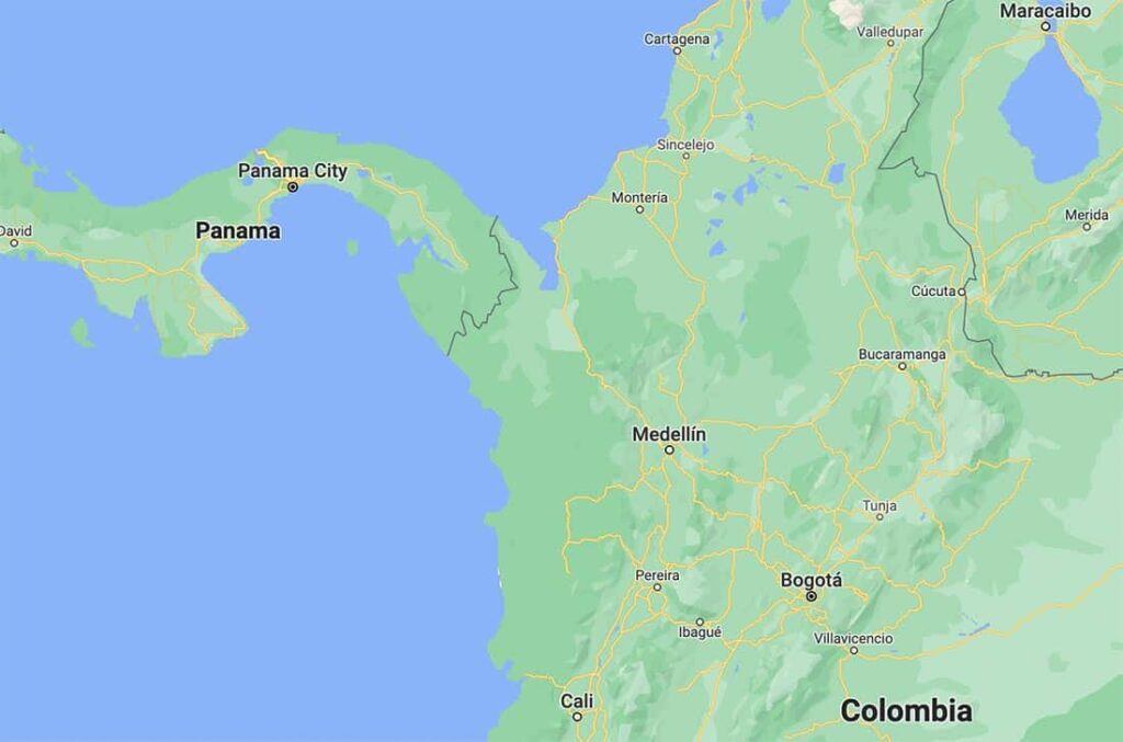 Map view showing the Darien Gap between Panama and Colombia