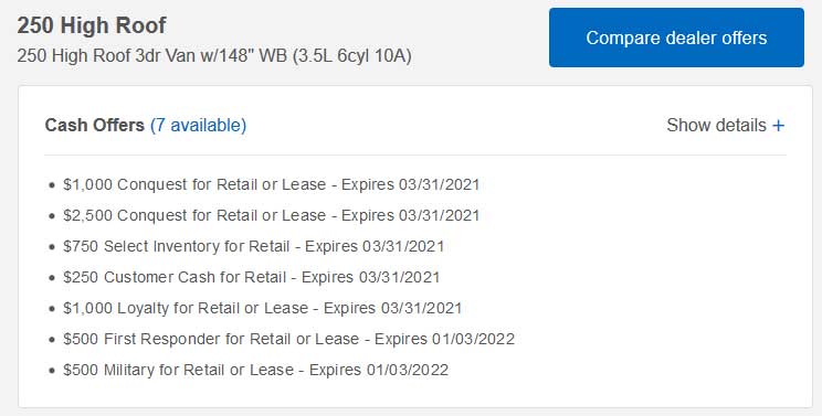 Screenshot from Edmunds website indicating current manufacturer discounts for Ford Transits