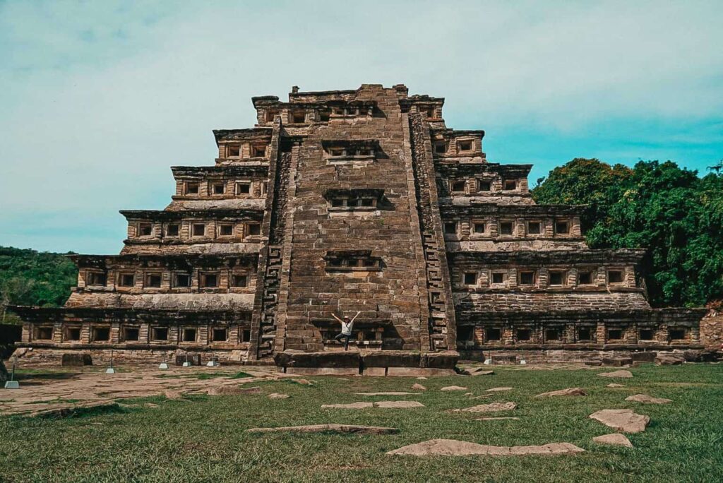 Yuko standing in front of the Pyramid of the Niches in El Tajin, Mexico