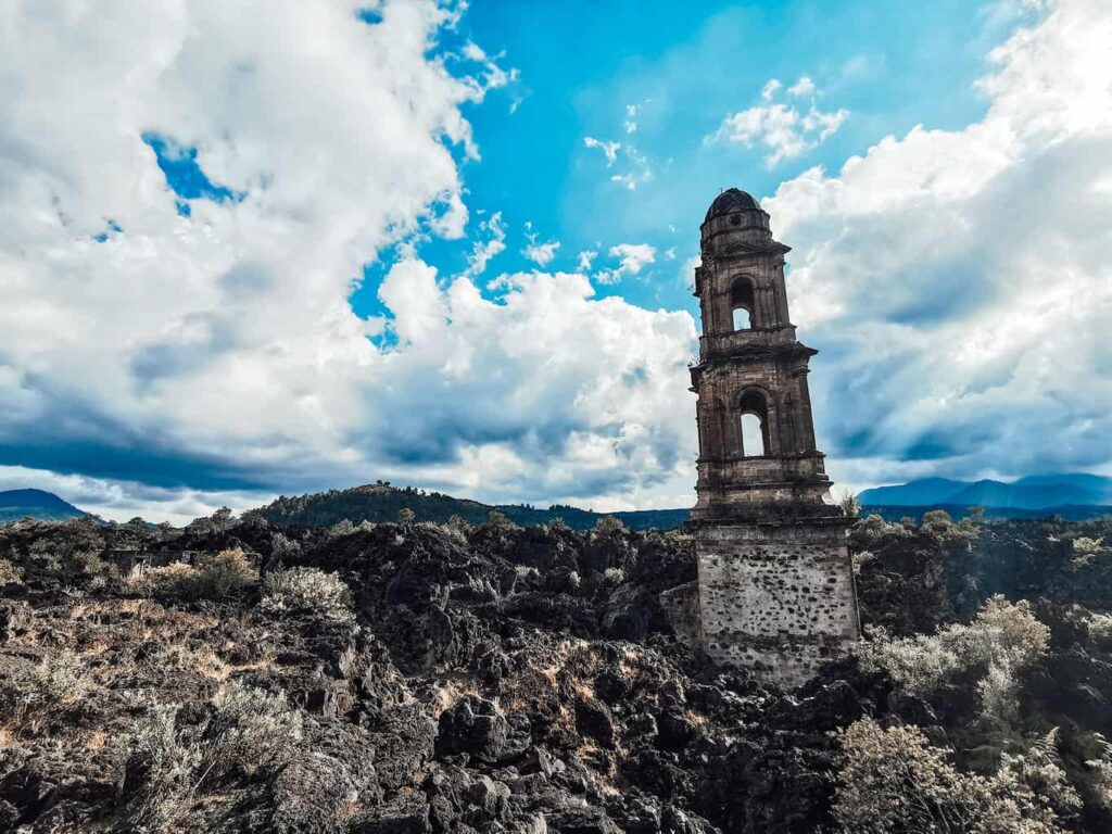 Ruins of San Parangaricutiro church engulfed in volcanic lava rock