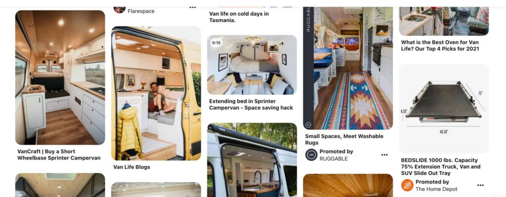 Pinterest search result using specific keywords for camper van interior