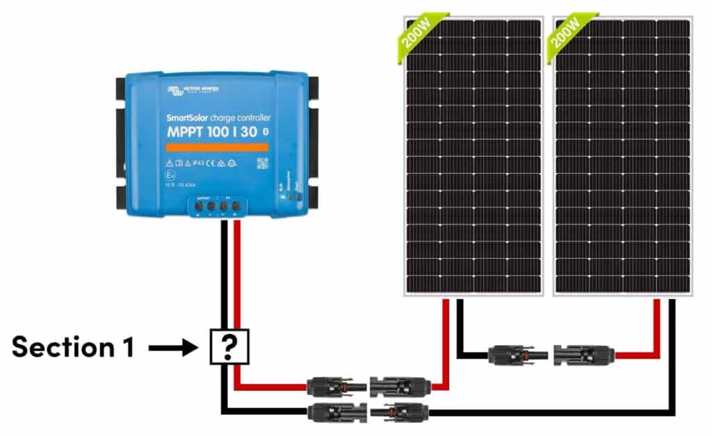 Two solar panels connected to a solar charge controller with unknown wire size. This wiring section is called "Section 1".