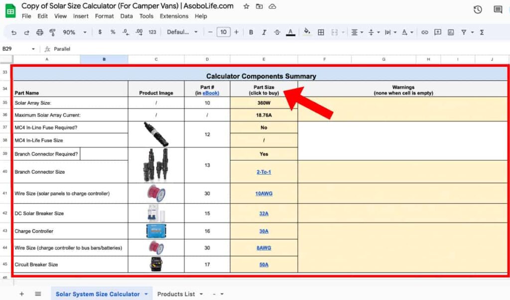 Solar calculator summary table