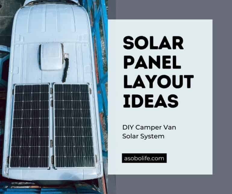 Bird's eye view of two solar panels and a ventilation fan installed on the roof of a camper van