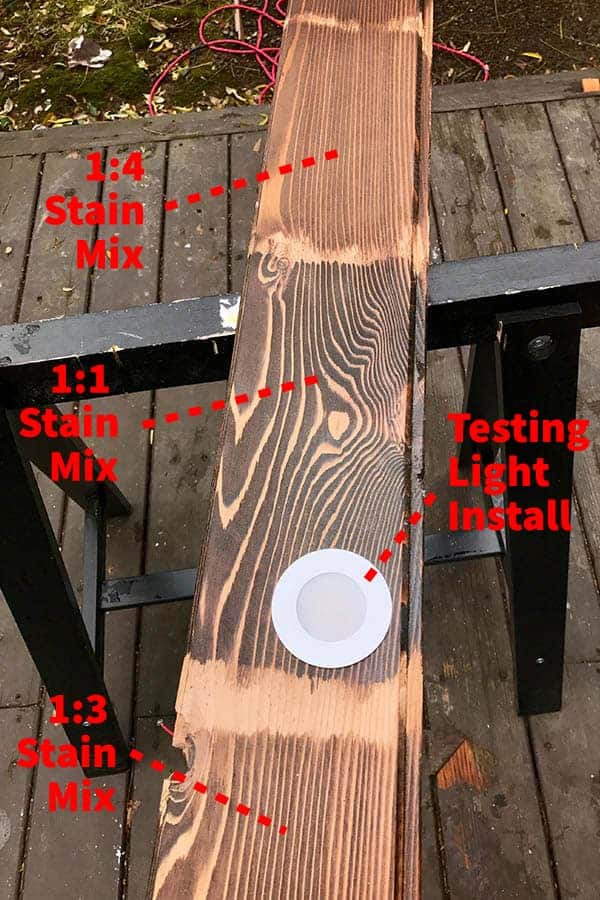 Testing stain colors on ceiling wood boards