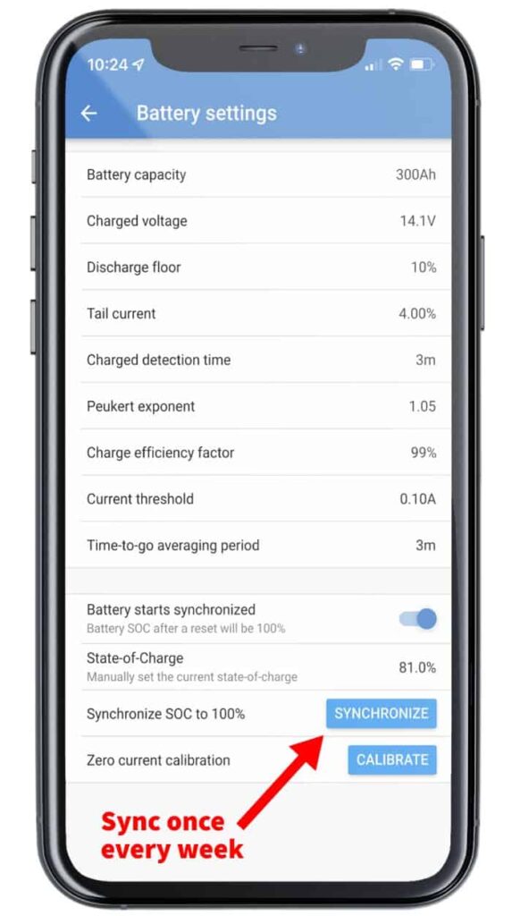 Showing how to syncronize a battery monitor back to 100%