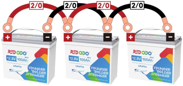 Three Redodo lithium batteries wired in parallel.