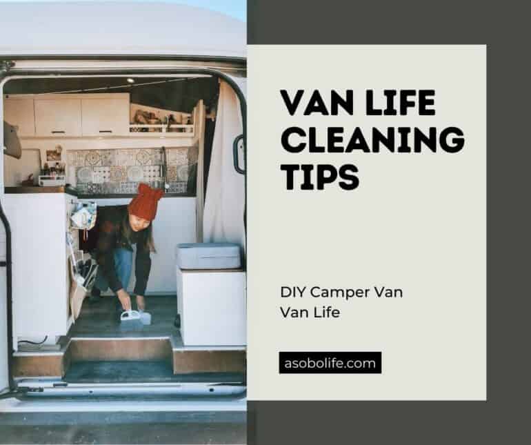 A woman cleaning the floor of a camper van