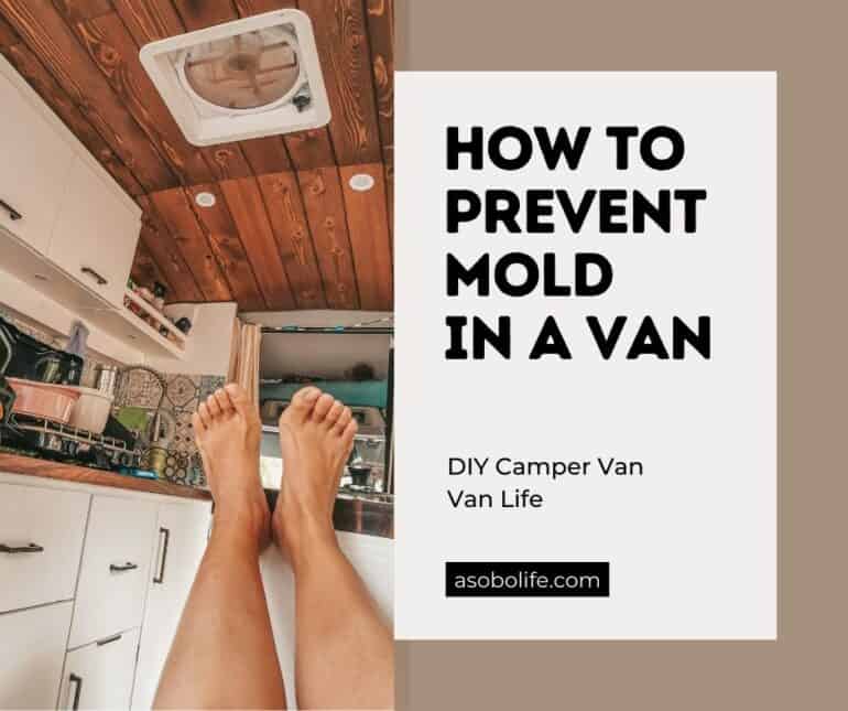 A pair of feet pointed towards a ventilation fan inside a camper van