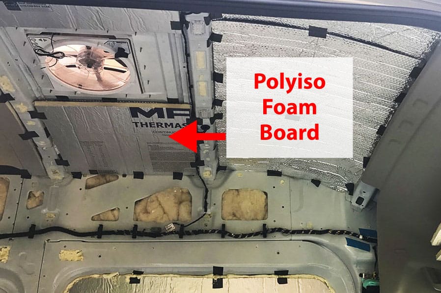 A van ceiling with Polyiso foam board insulation