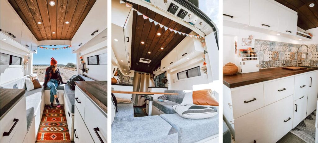 Three images of a camper van interior showcasing the color scheme