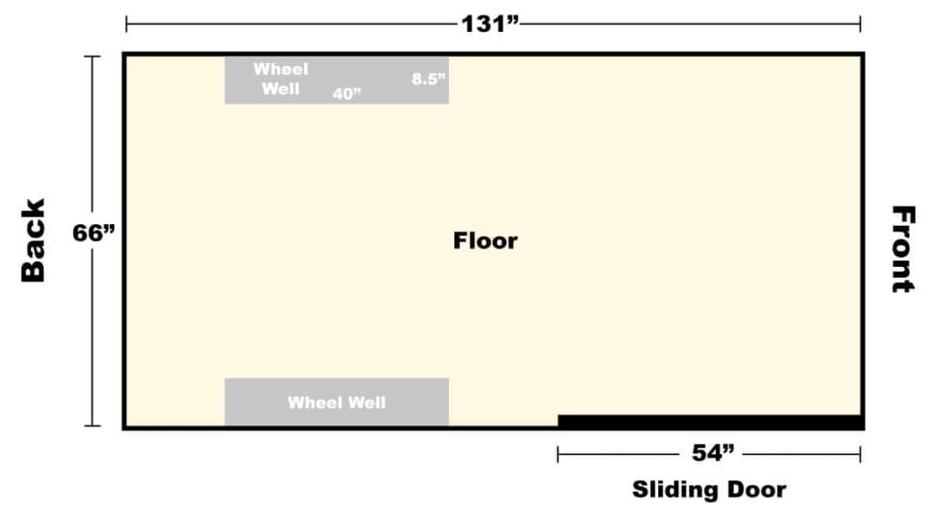 Early stage of creating a van floor plan by drawing the perimeter of the van and including the sliding door and rear wheel wells