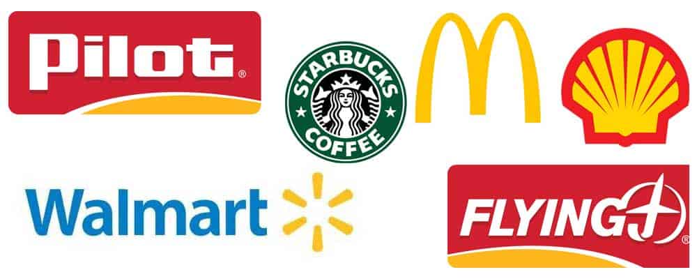 Corporate logos of companies with public bathrooms available