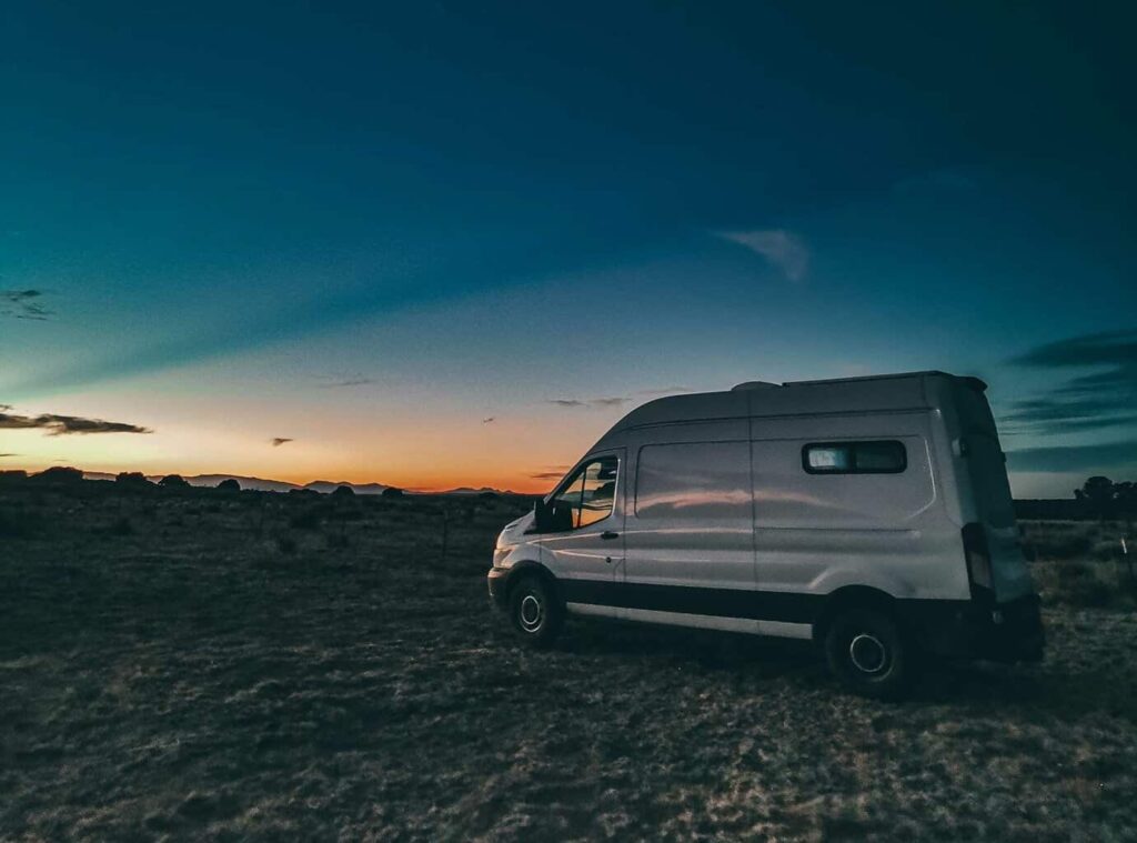Ford Transit camper van parked overnight on BLM public land
