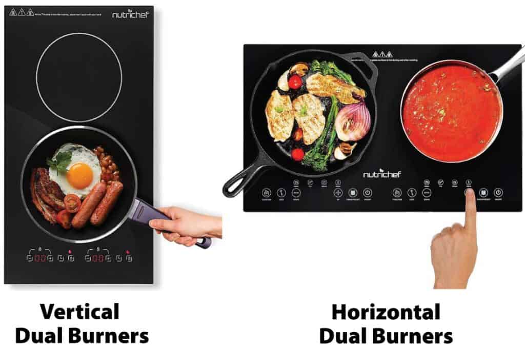 A vertical dual-burner induction stove on the left and a horizontal dual-burner stove on the right.