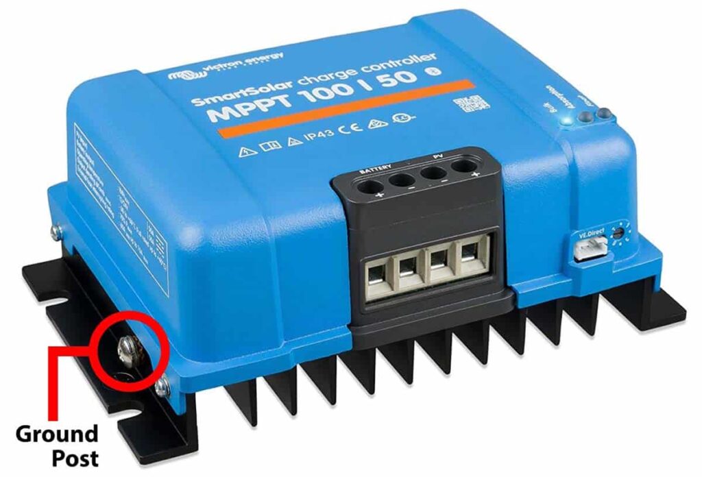 Image of Victron MPPT charge controller indicating location of terminal bolt for grounding device