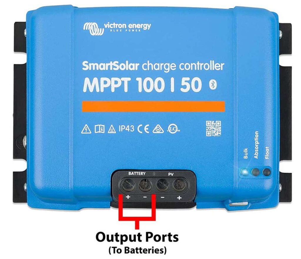 Image of solar charge controller indicating output ports to the battery