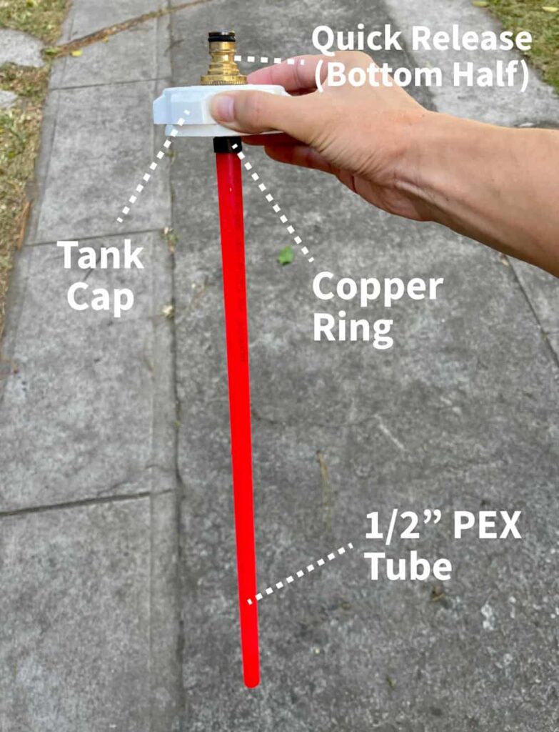 Showing how to connect PEX pipe to a water container cap to create a straw