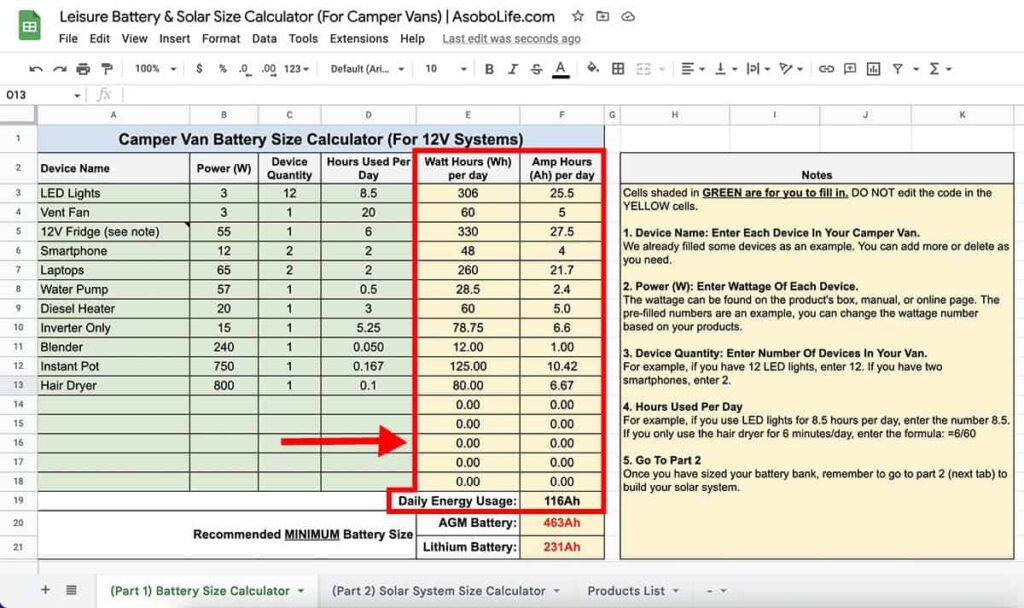 Battery size spreadsheet calculator displaying total daily energy usage in Amp-hours