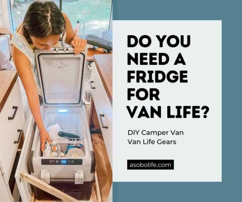 Woman opening a 12V fridge and displaying the contents inside