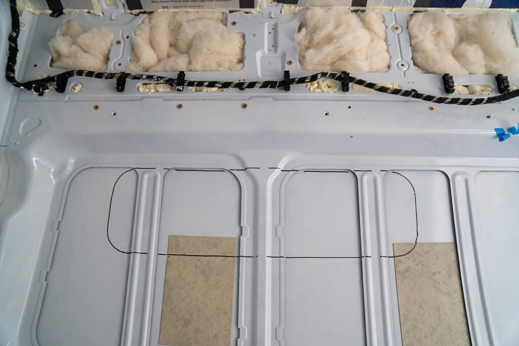 Window template tracing on van interior wall