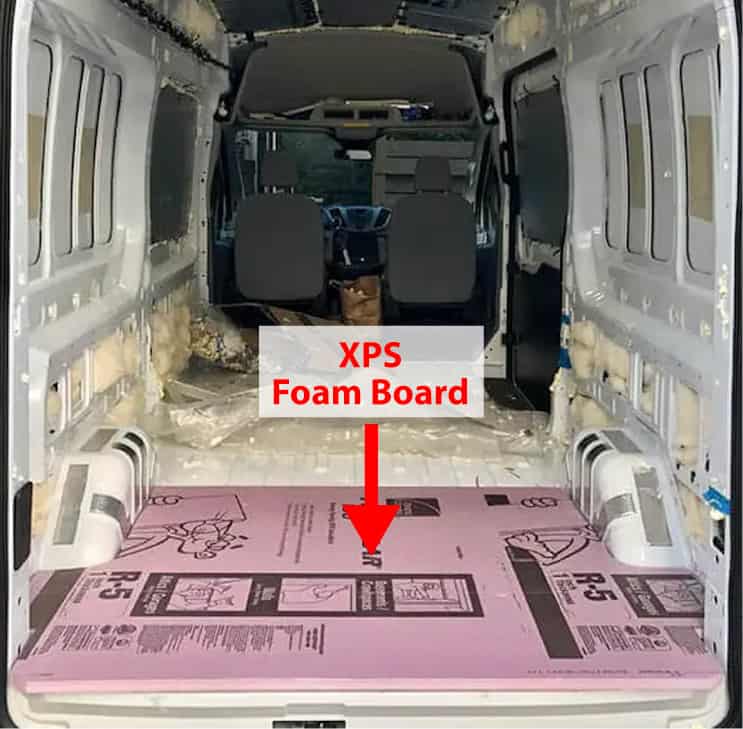 Pink XPS foam board on a camper van floor