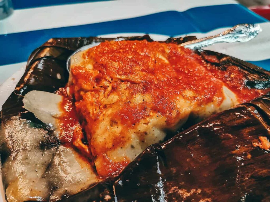 Yucatan-style tamale with tomato sauce