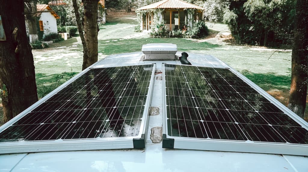 Two rigid solar panels on a camper van roof